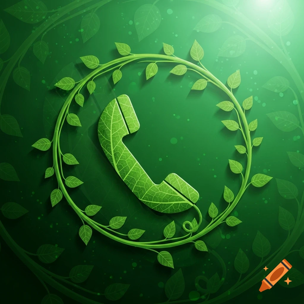A vibrant green telephone icon formed from leaves, encircled by a leafy vine wreath on a darker green background.