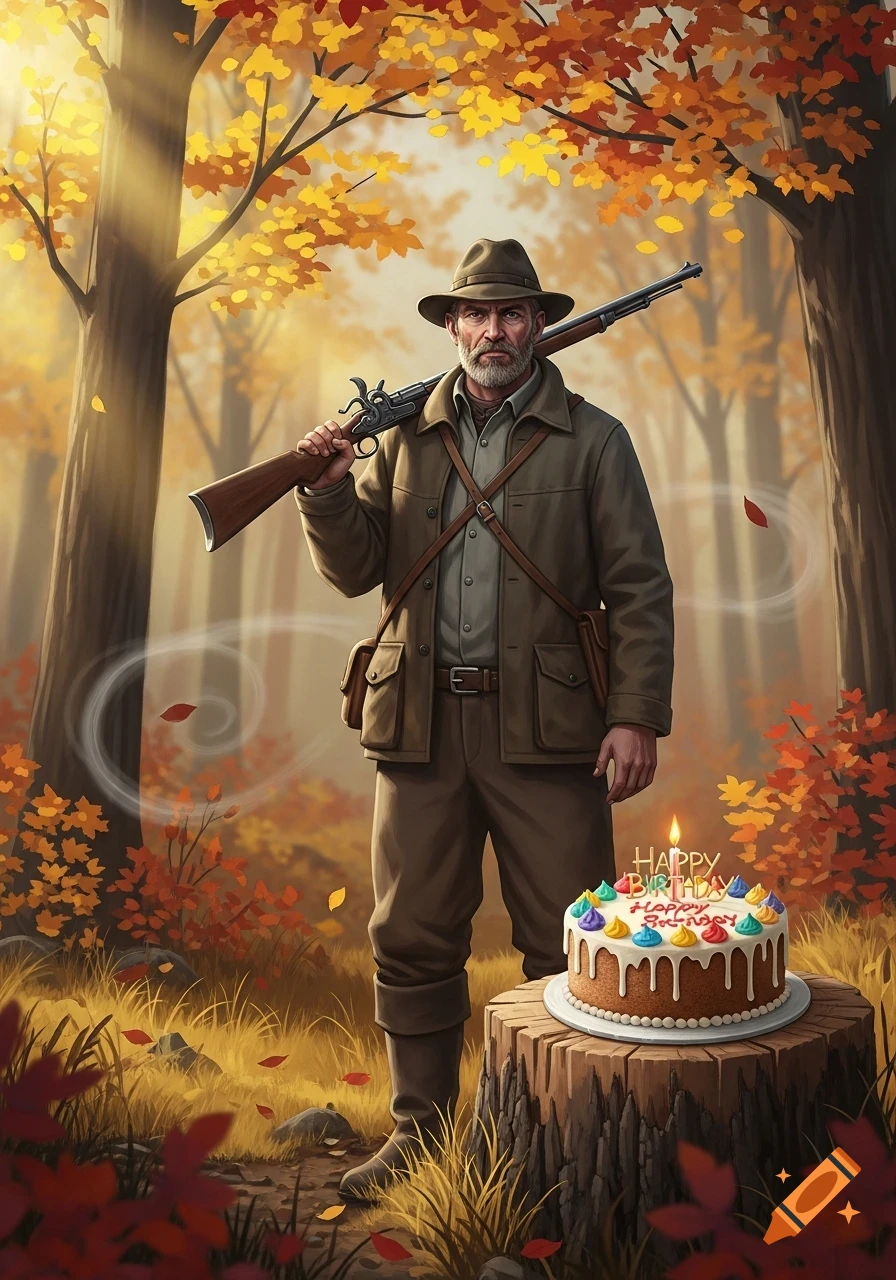 Bearded man in hunting gear with a rifle and birthday cake in an autumn forest.