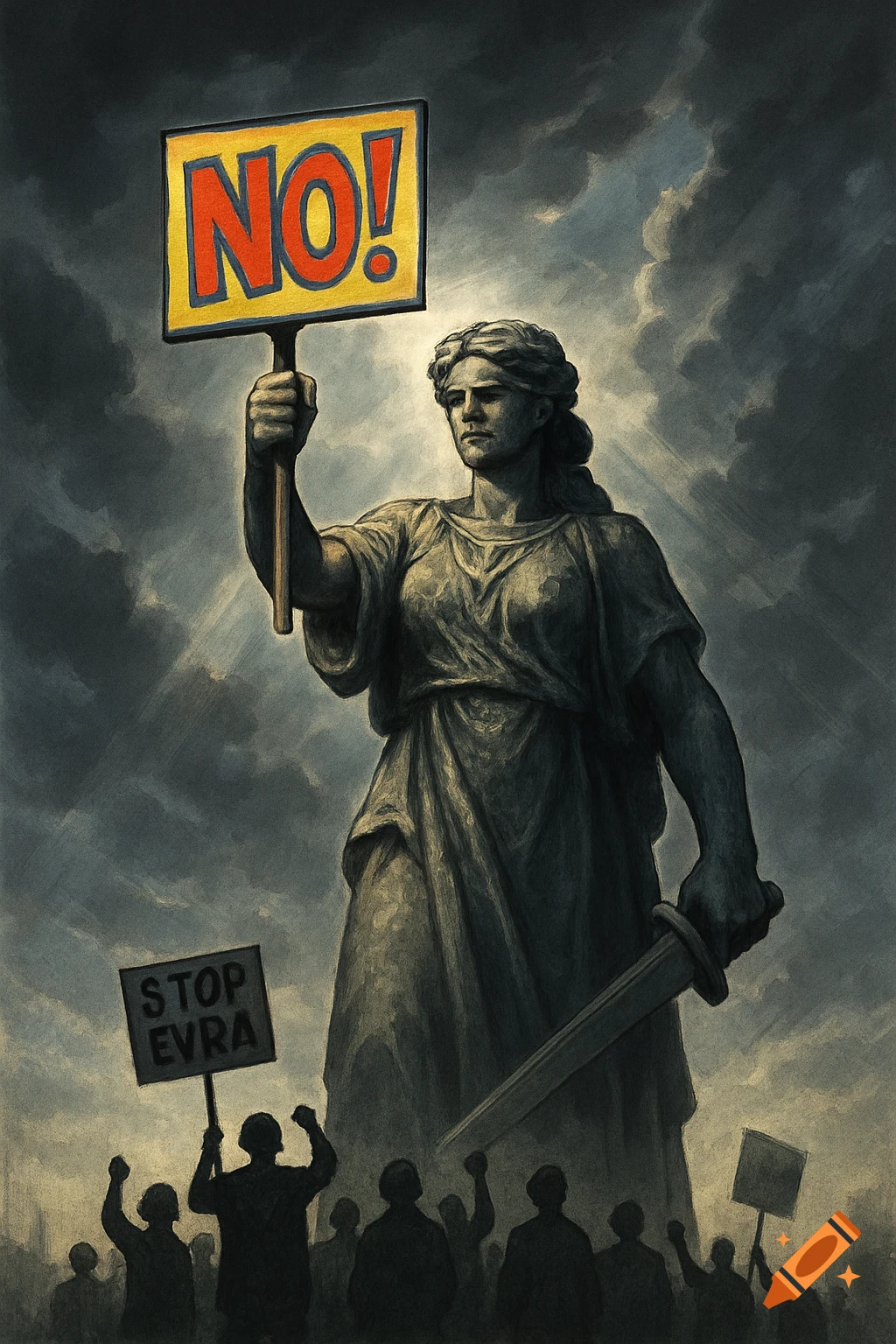 A gritty illustration of a Lady Justice-like statue holding a 'NO!' sign above a silhouetted crowd of protestors, one holding a 'STOP EVRA' sign.