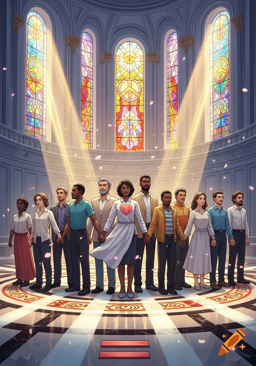 Diverse people holding hands in a grand hall with stained glass windows featuring peace symbols, light rays, and falling petals. An equals sign is on the floor.