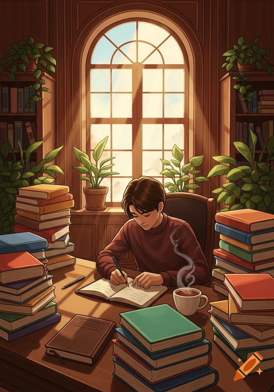 An anime-style illustration of a student writing at a desk in a sunlit library, surrounded by stacks of books and potted plants.