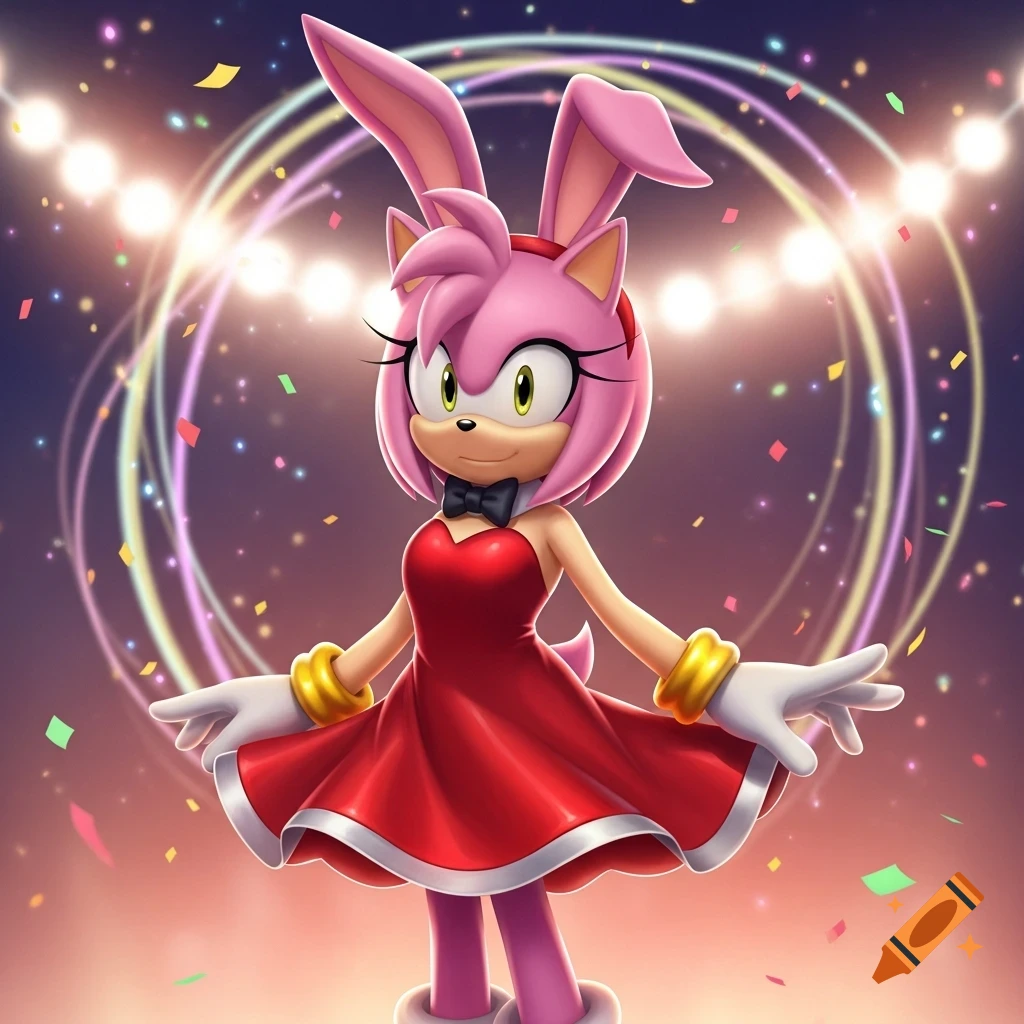 Amy Rose in a red bunny girl dress with a black bow tie, surrounded by confetti and stage lights.