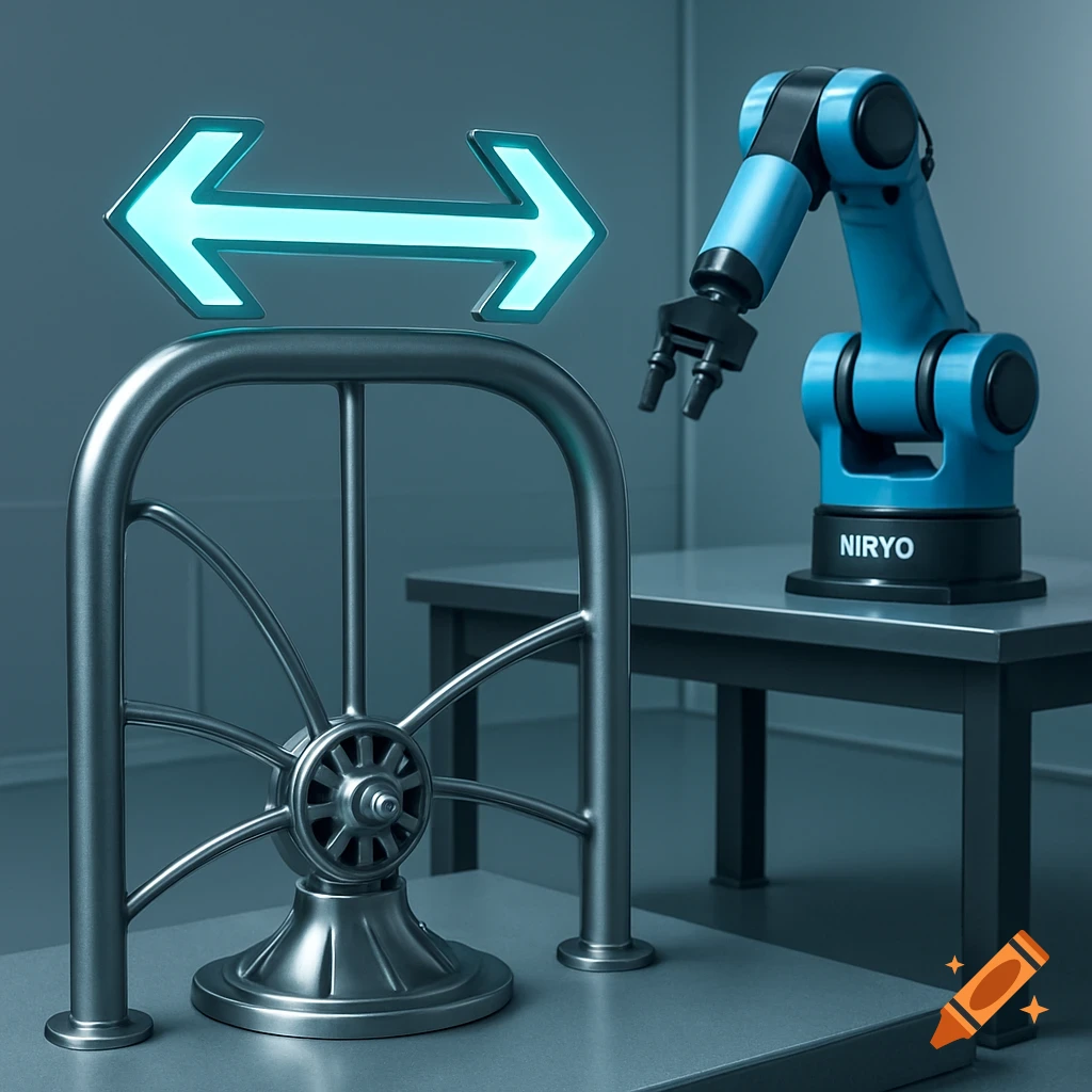 A blue robotic arm on a grey table next to a metallic arch with a glowing cyan double-arrow symbol above it, in a modern industrial setting.