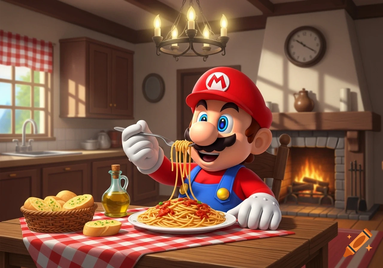 Mario sits at a wooden table in a rustic kitchen, happily eating spaghetti with a fork. Garlic bread and olive oil are on the red checkered tablecloth.