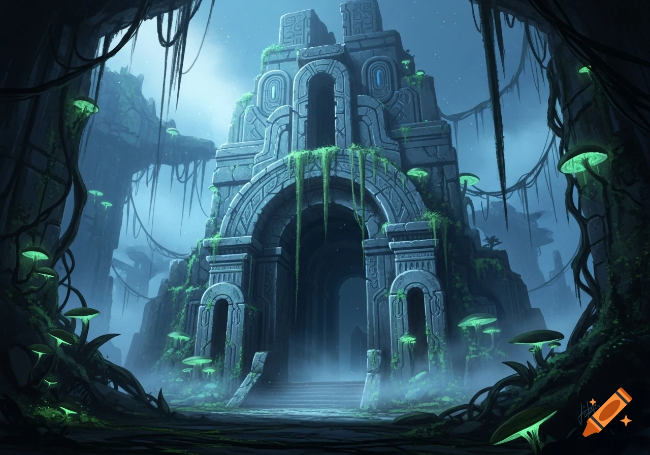 A grand, moss-covered ancient stone temple with archways and glowing green mushrooms in a misty, dark fantasy jungle.