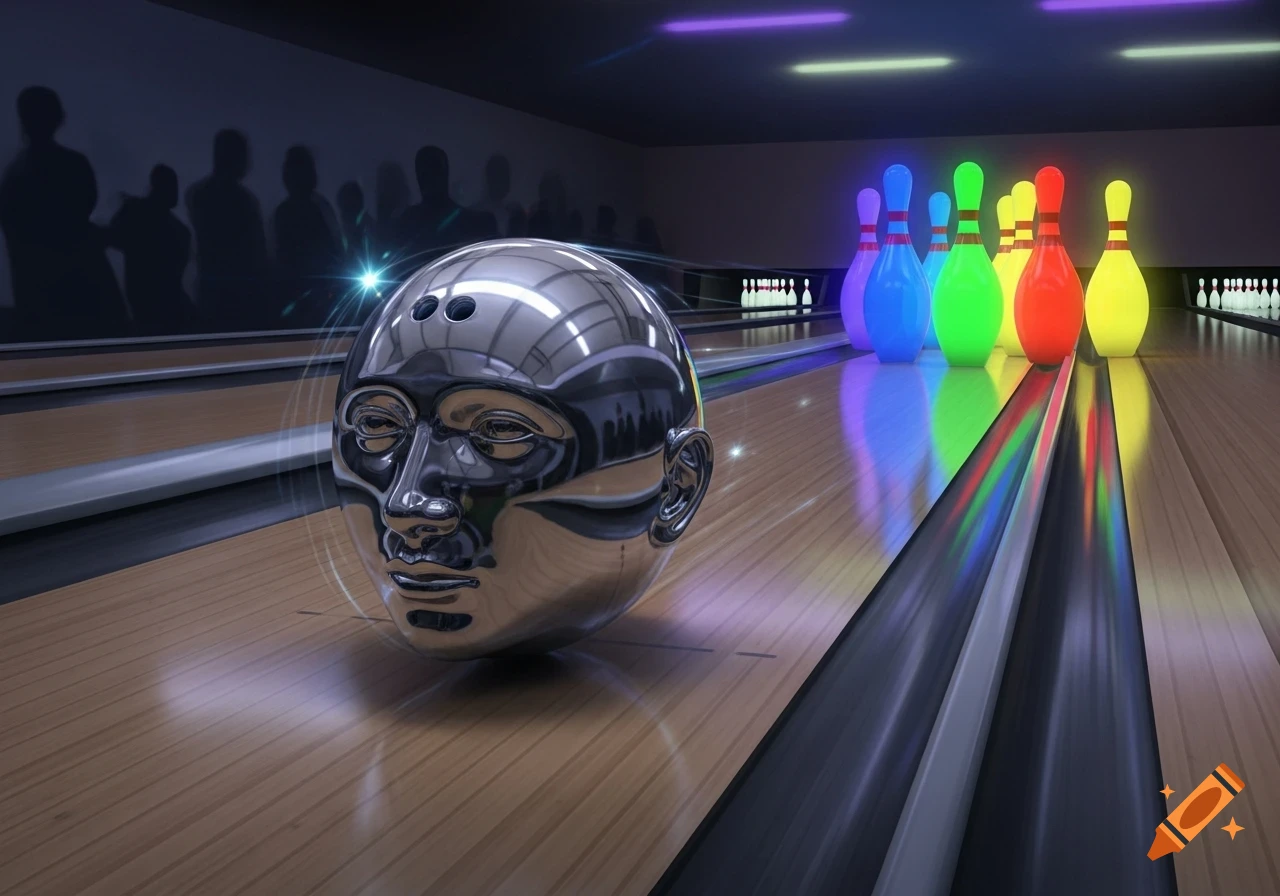 A shiny chrome human head bowling ball rolls down a wooden bowling alley towards glowing neon-colored pins, with silhouetted figures in the background.