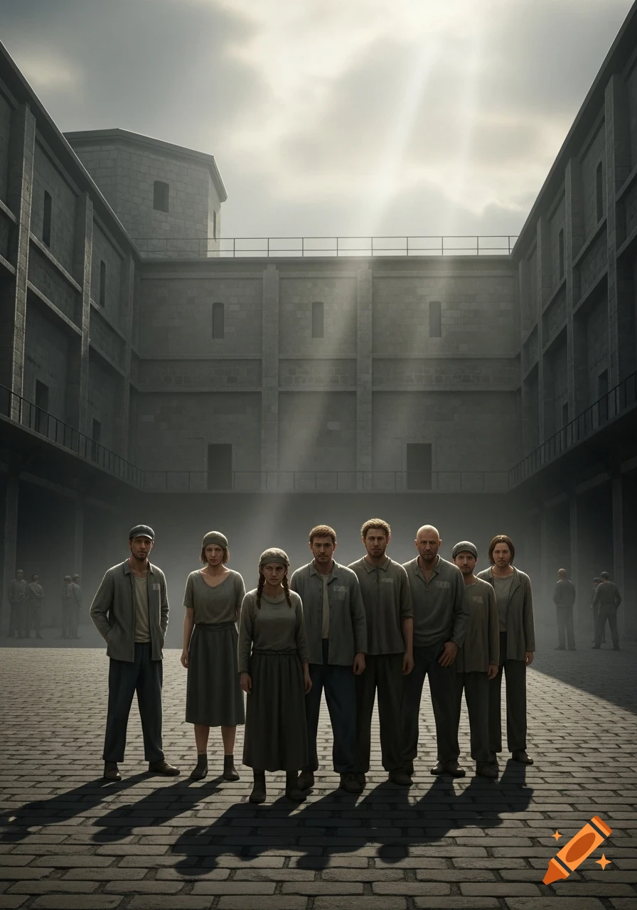 A group of people in simple clothing stands in a sunlit prison courtyard with tall stone walls.