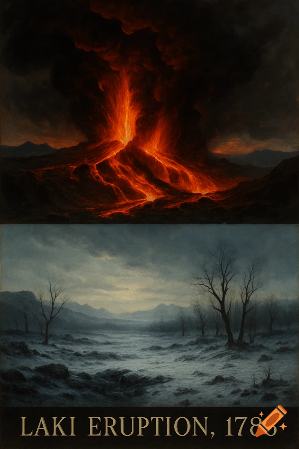 Diptych painting: Top, a fiery volcanic eruption. Bottom, a desolate, ash-covered landscape with bare trees. Text: LAKI ERUPTION, 1783.