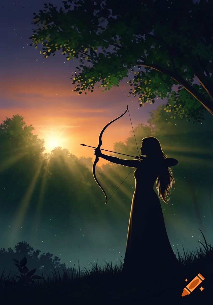 Silhouette of a woman archer in a forest at sunset, light rays shining through trees. Illustrated style.