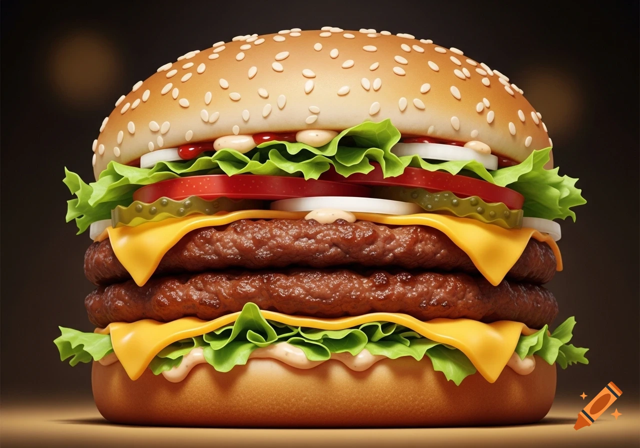 A stylized, photorealistic double cheeseburger with lettuce, tomato, onion, pickles, and sauce on a sesame seed bun.