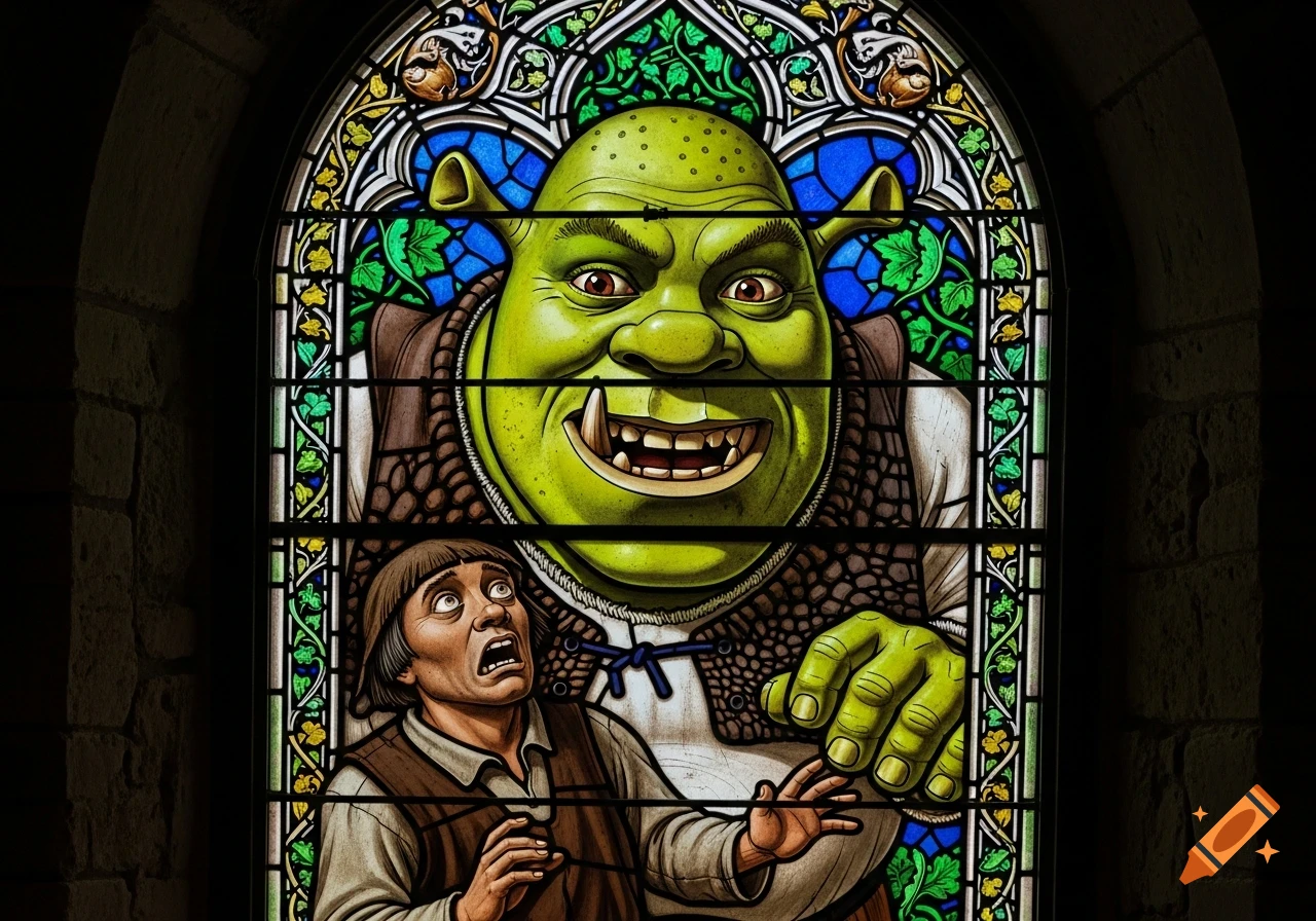 A vibrant stained glass window depicting a grinning Shrek towering over a terrified villager in a 13th-century style.