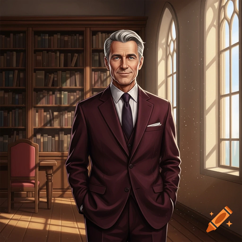 A distinguished older man with gray hair in a burgundy suit stands in a sunlit library, hands in pockets.