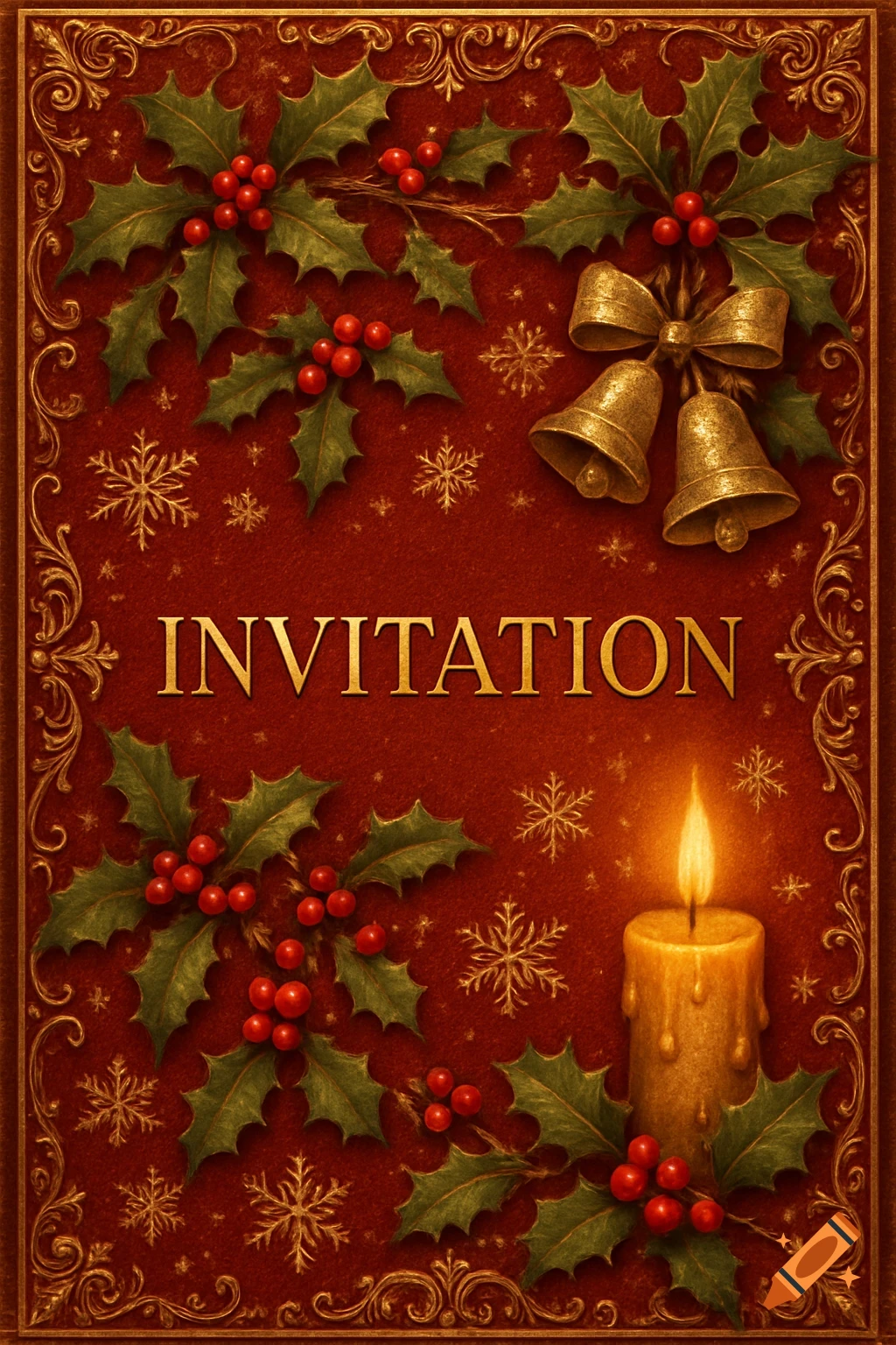 A festive Christmas invitation in red and gold, adorned with holly, red berries, golden bells, snowflakes, and a glowing candle.