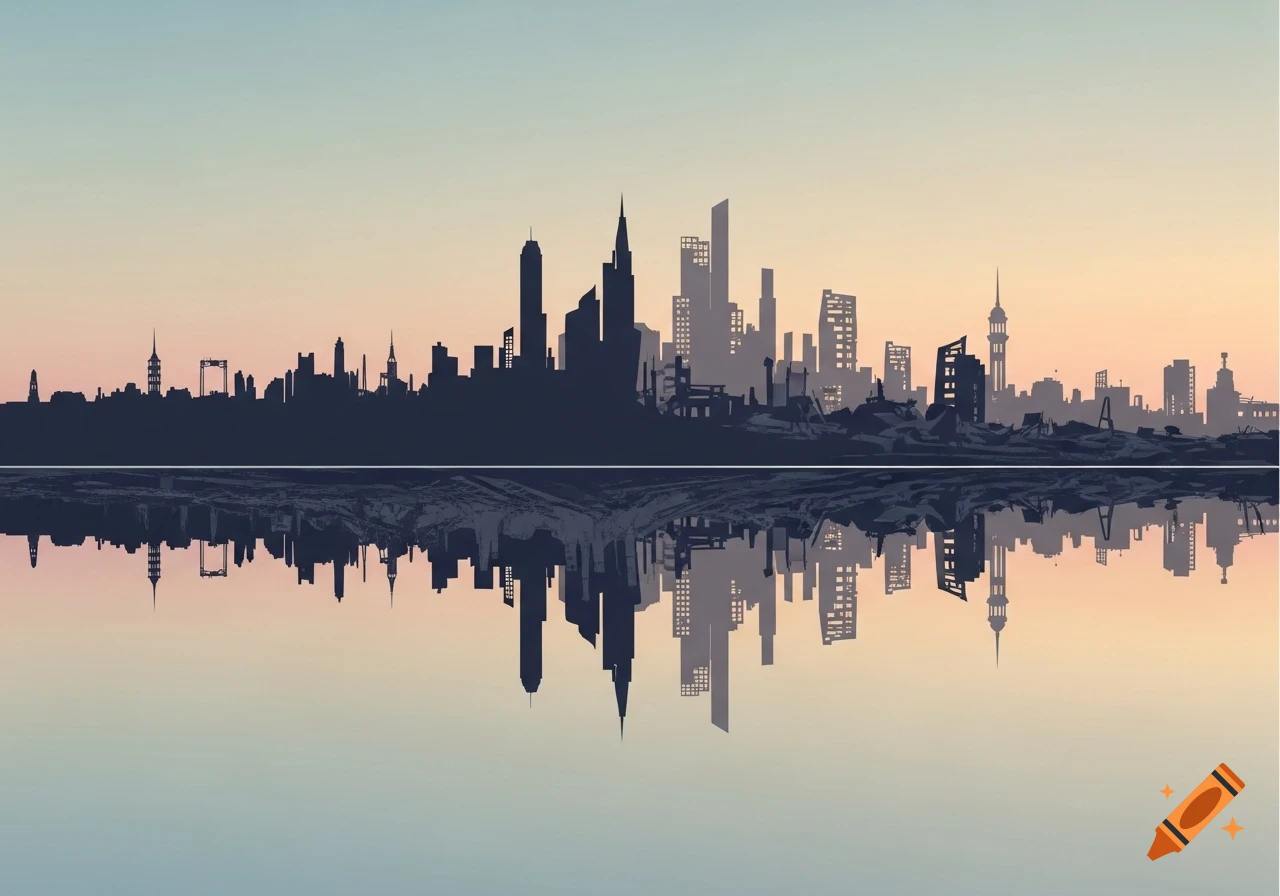 Stylized silhouette of a city skyline at sunset, reflected below as a ruined landscape in water.