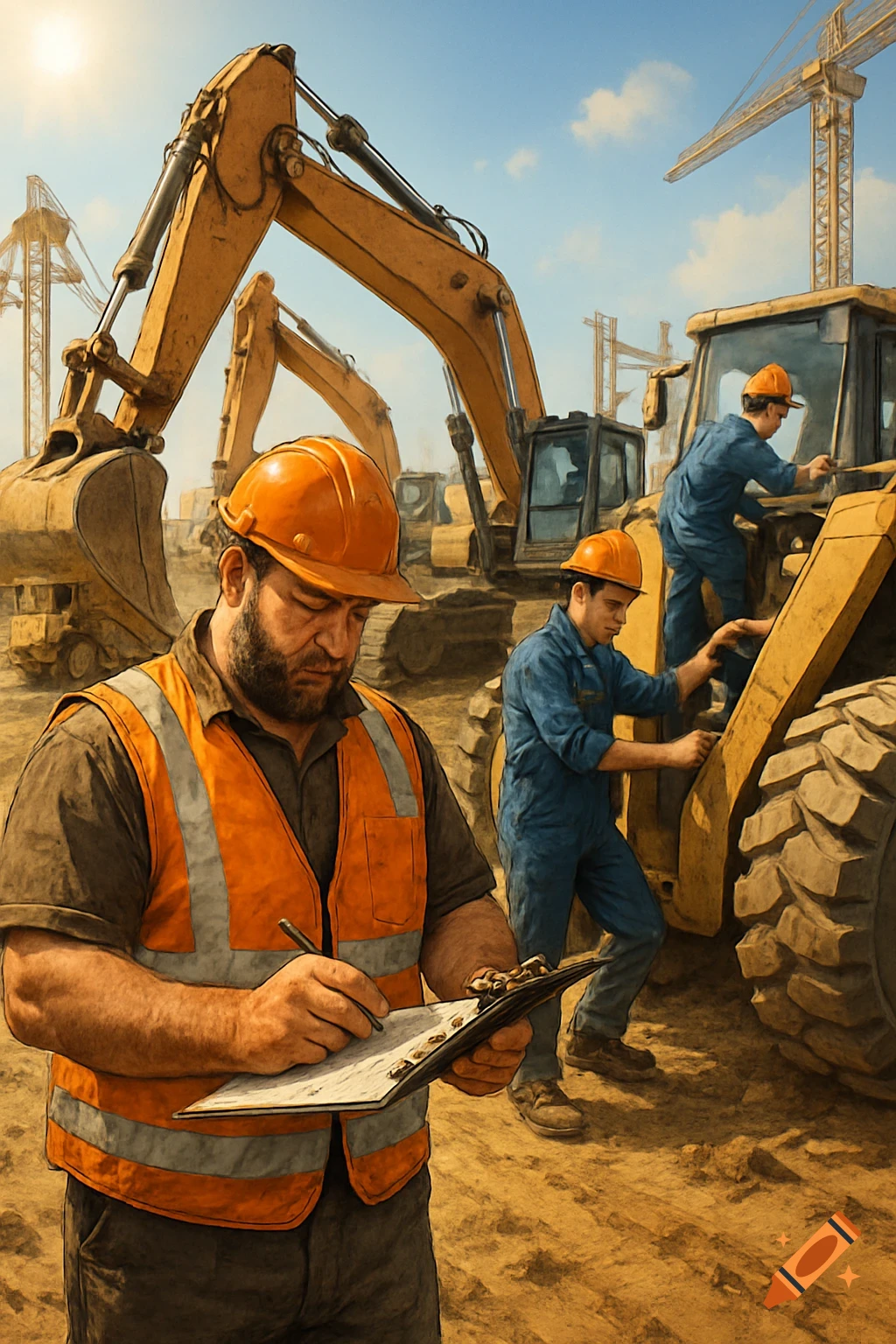 An illustration of construction workers inspecting heavy machinery on a dusty site under a sunny sky.