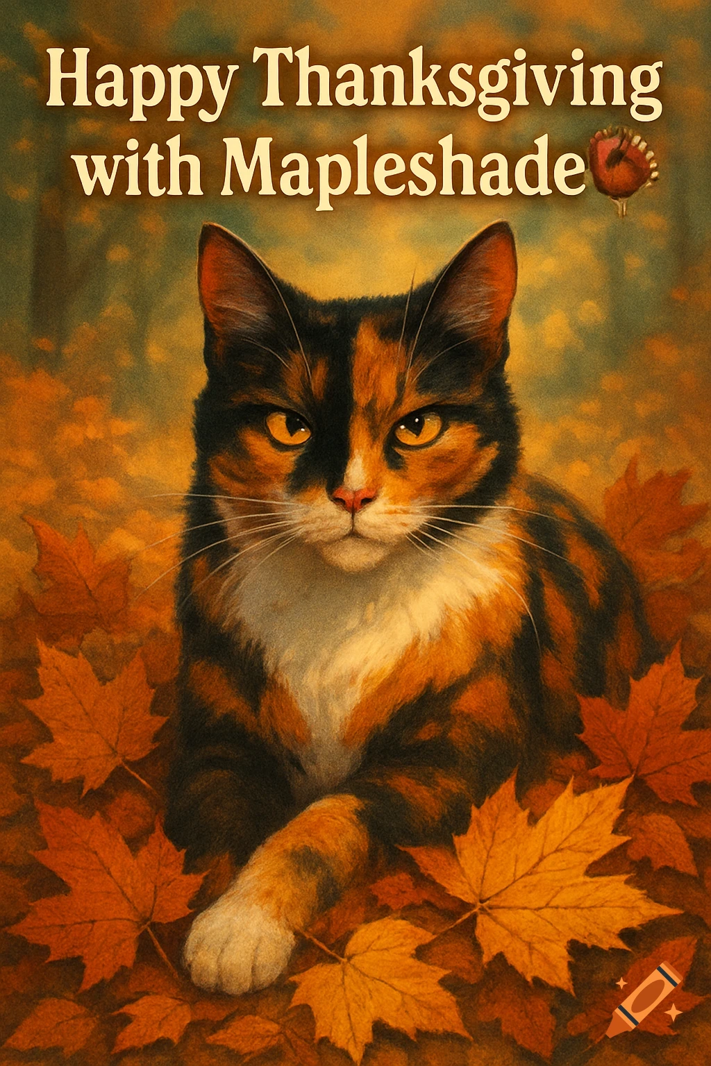 An illustrative calico cat sits amongst orange autumn leaves with the text 'Happy Thanksgiving with Mapleshade' and a small turkey.