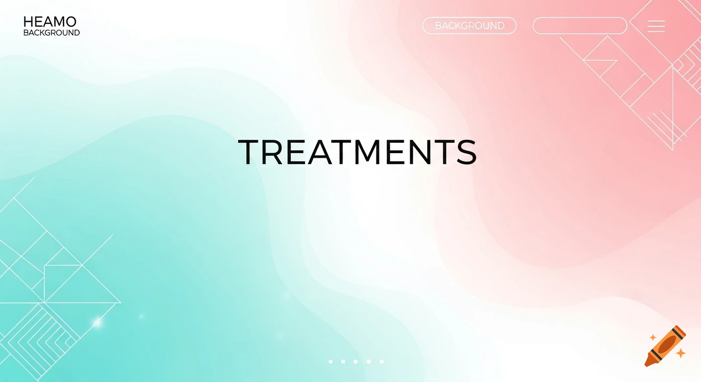Abstract digital background with a gradient from light teal to light pink, featuring the word "TREATMENTS" in black capital letters centered, and design elements mimicking a website interface.