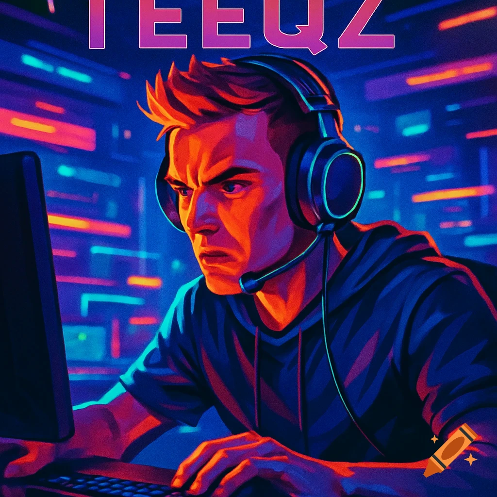 Vibrant illustration of a male gamer with a headset looking intently at a computer screen in a neon-lit room, with 'TEEQZ' text above.