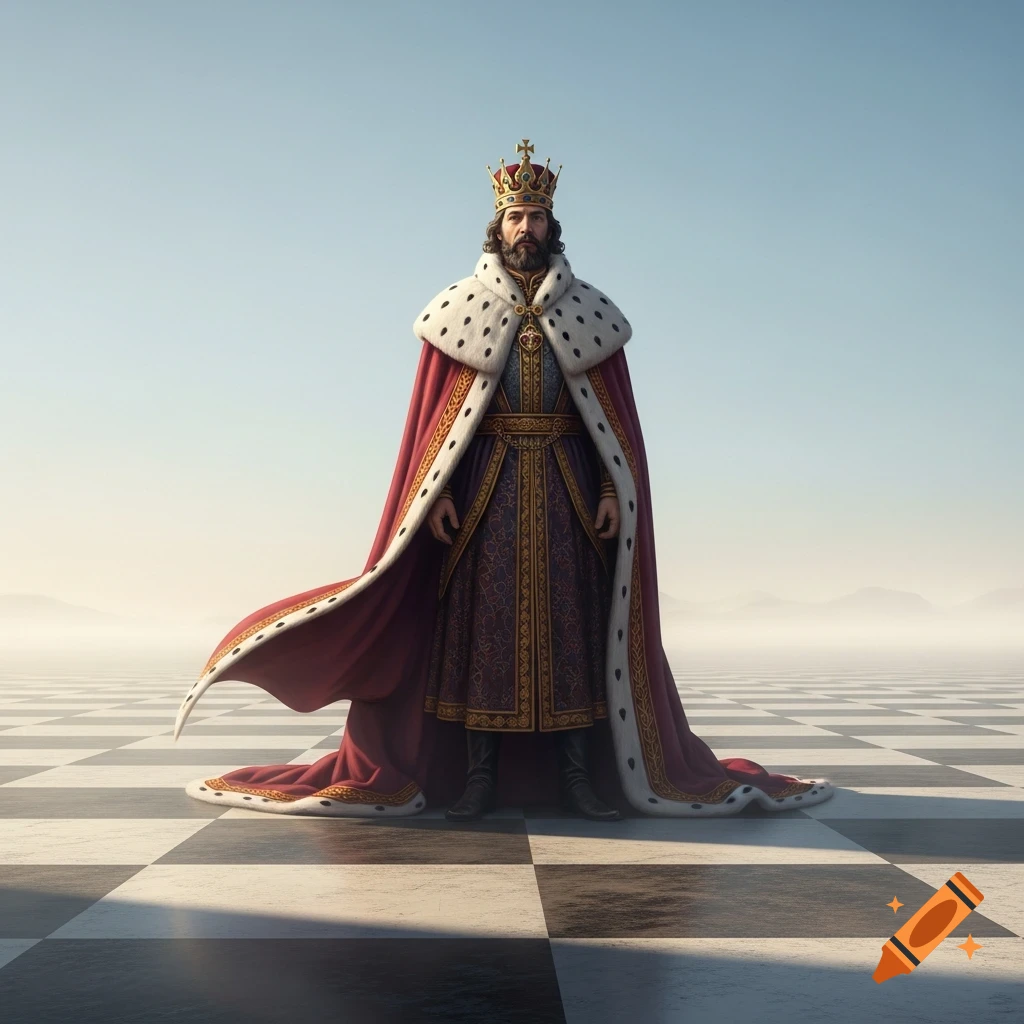 A majestic king in regal robes and crown stands on a giant chessboard under a clear sky.