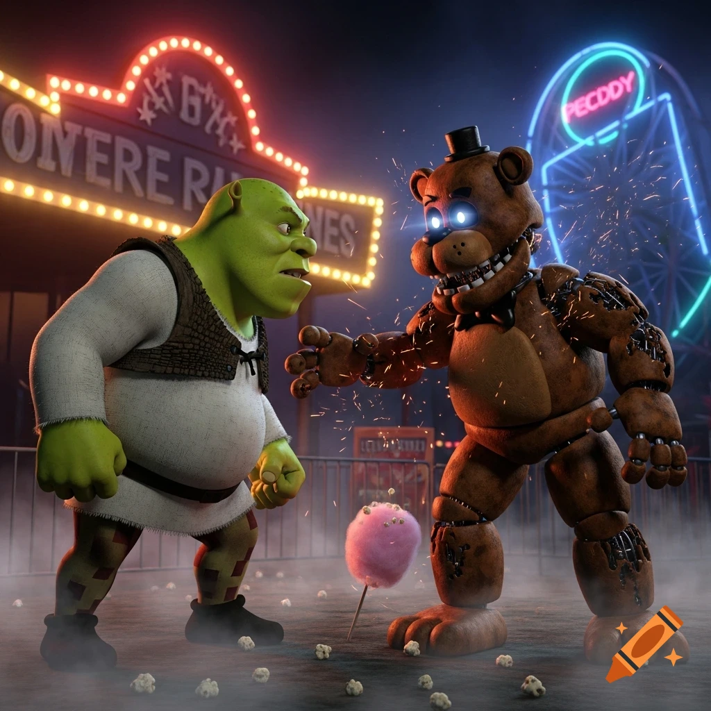 Shrek confronts Freddy Fazbear at a neon-lit carnival, a pink cotton candy stick lying between them on popcorn-strewn ground.