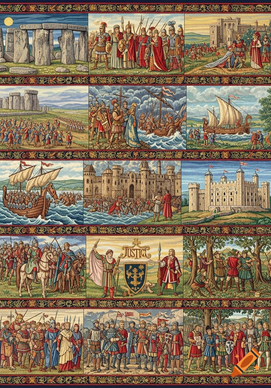 A detailed, colorful tapestry depicting various historical scenes including Stonehenge, castles, battles, and figures in medieval attire.