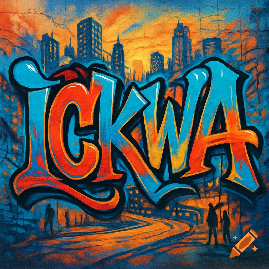 Vibrant graffiti art spelling 'ICKWA' in red, orange, and blue against a stylized urban cityscape with silhouetted figures.