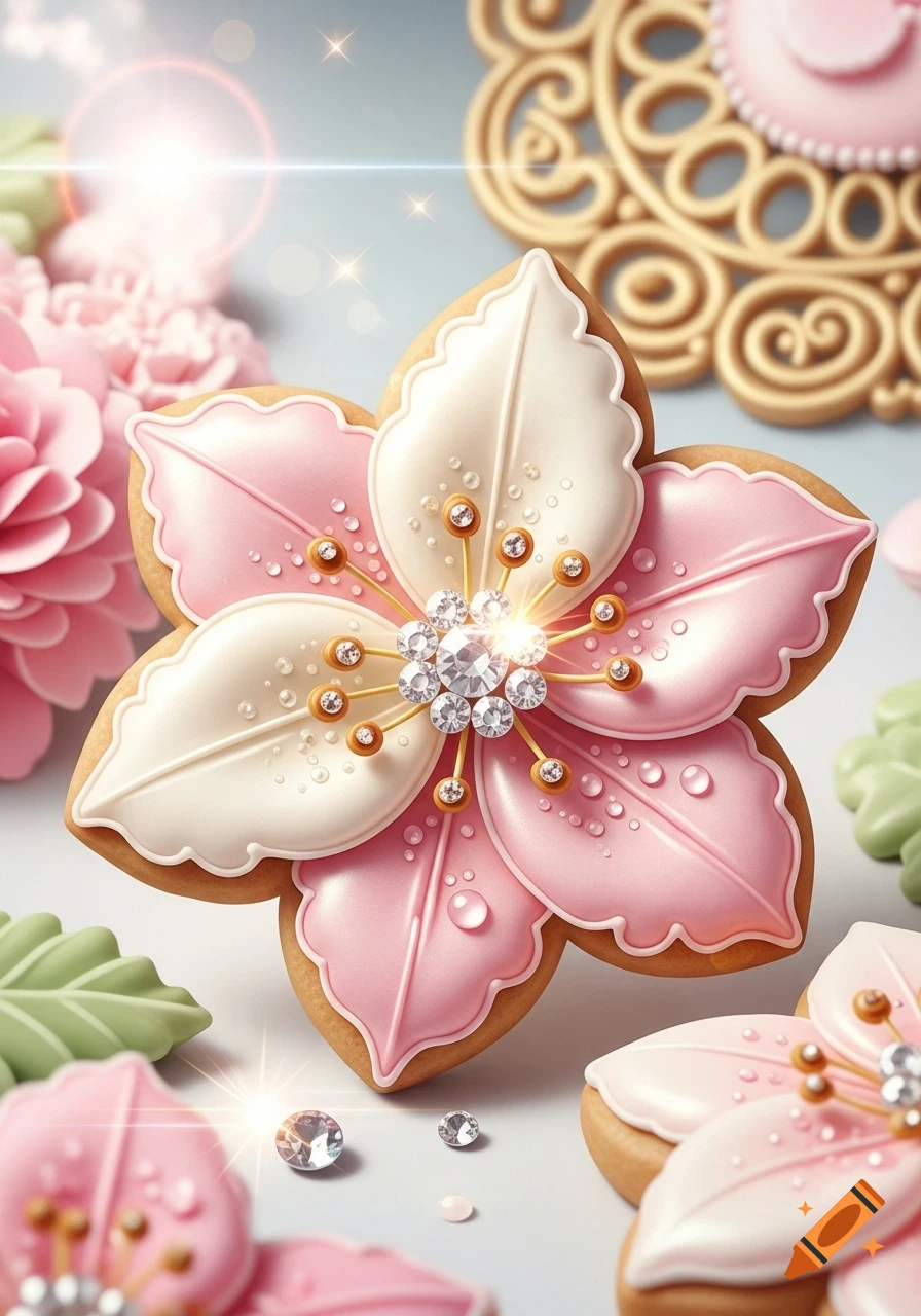 An elegant flower-shaped cookie decorated with pink and white icing, sparkling jewels, and dew drops, in a bright, close-up shot.