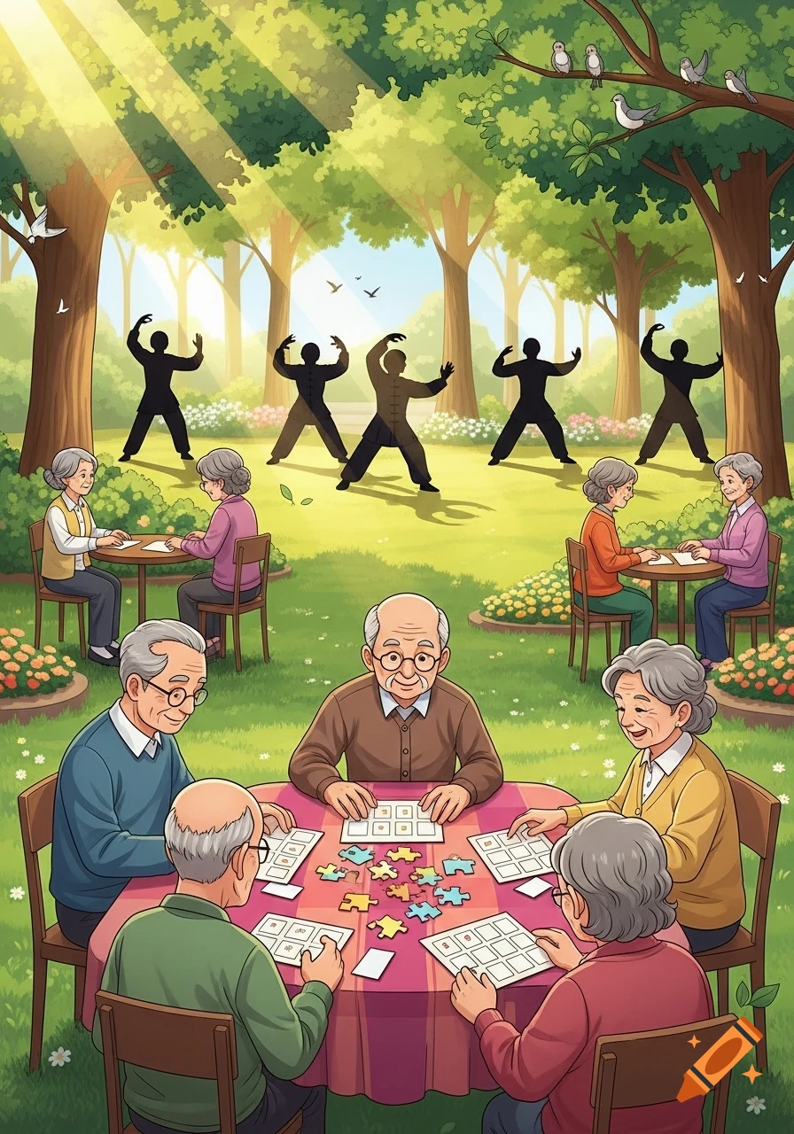 Illustration of seniors exercising Tai Chi and playing board games/puzzles in a sunny park.