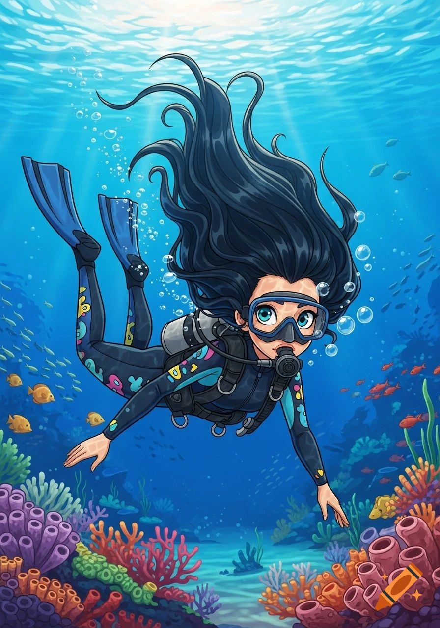 Cartoon of a female scuba diver with long dark hair, swimming underwater amidst a vibrant coral reef and colorful fish.
