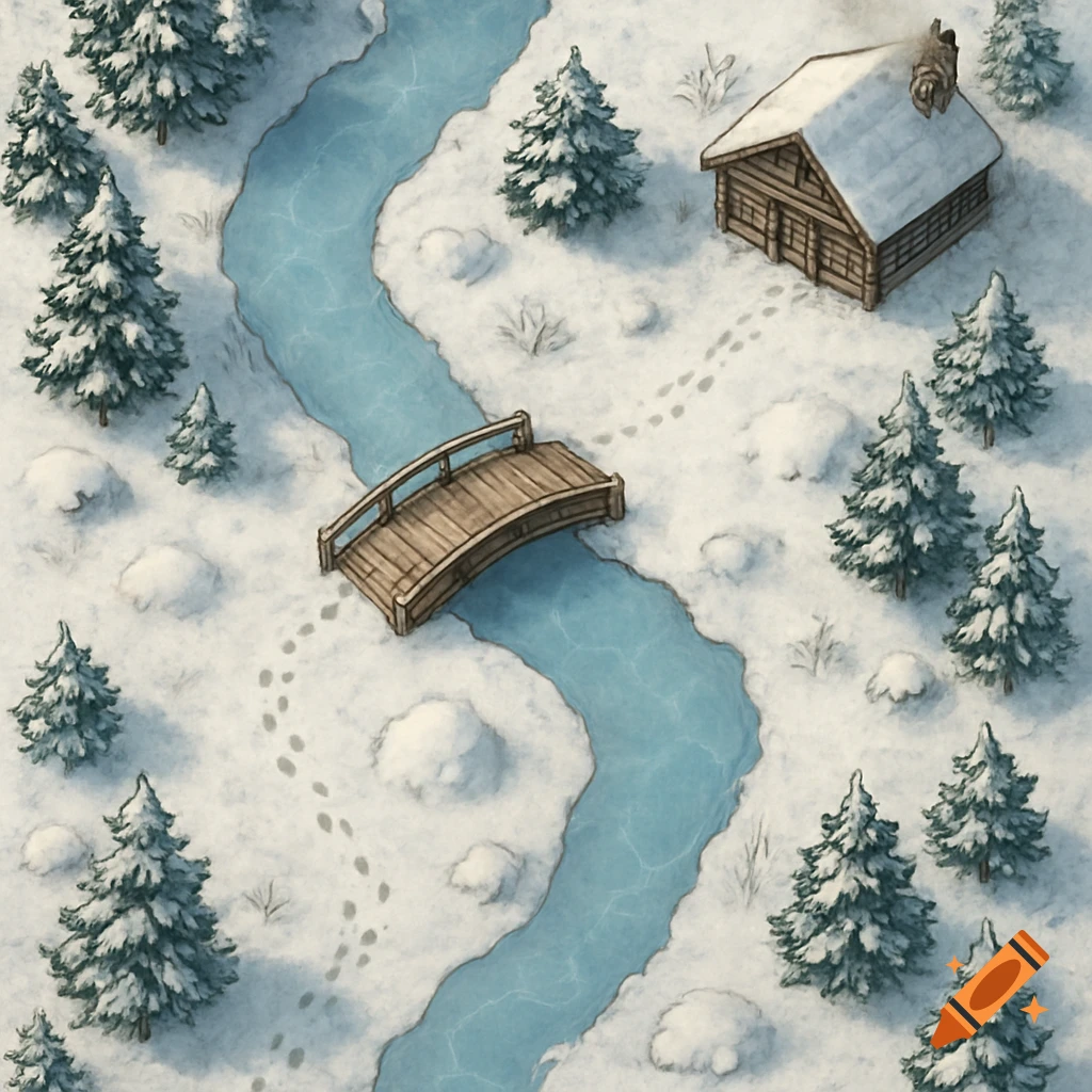 Top-down 2D winter battlemap featuring a snowy forest, a winding river with a wooden bridge, and a rustic log cabin.