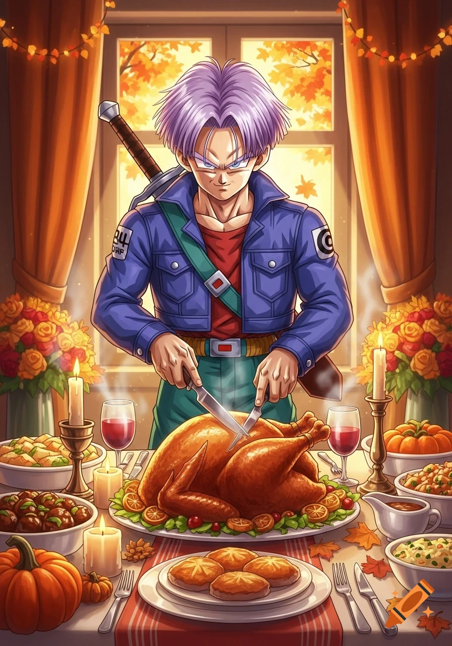 Future Trunks from Dragon Ball Z carving a Thanksgiving turkey on a table laden with food, in an anime style.