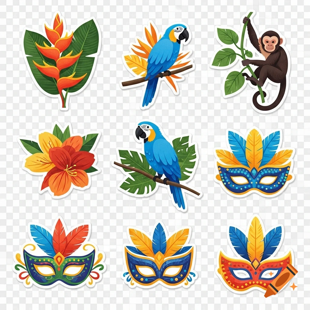 Collection of colorful tropical stickers including heliconia and other flowers, blue parrots, a monkey, and ornate carnival masks with feathers.