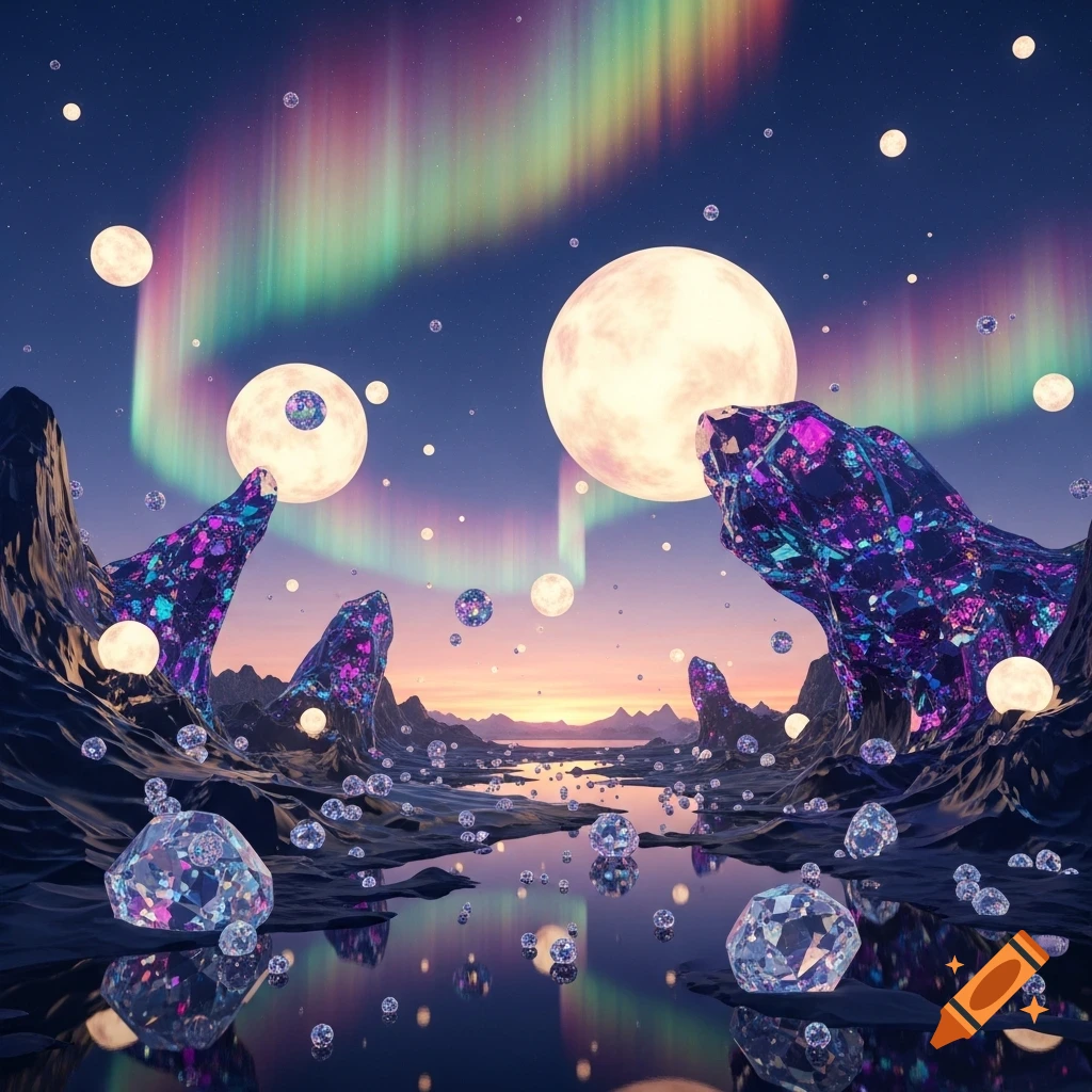 A vibrant fantasy landscape with large moons, a rainbow aurora, glowing crystalline formations, and a reflective body of water with scattered gems.