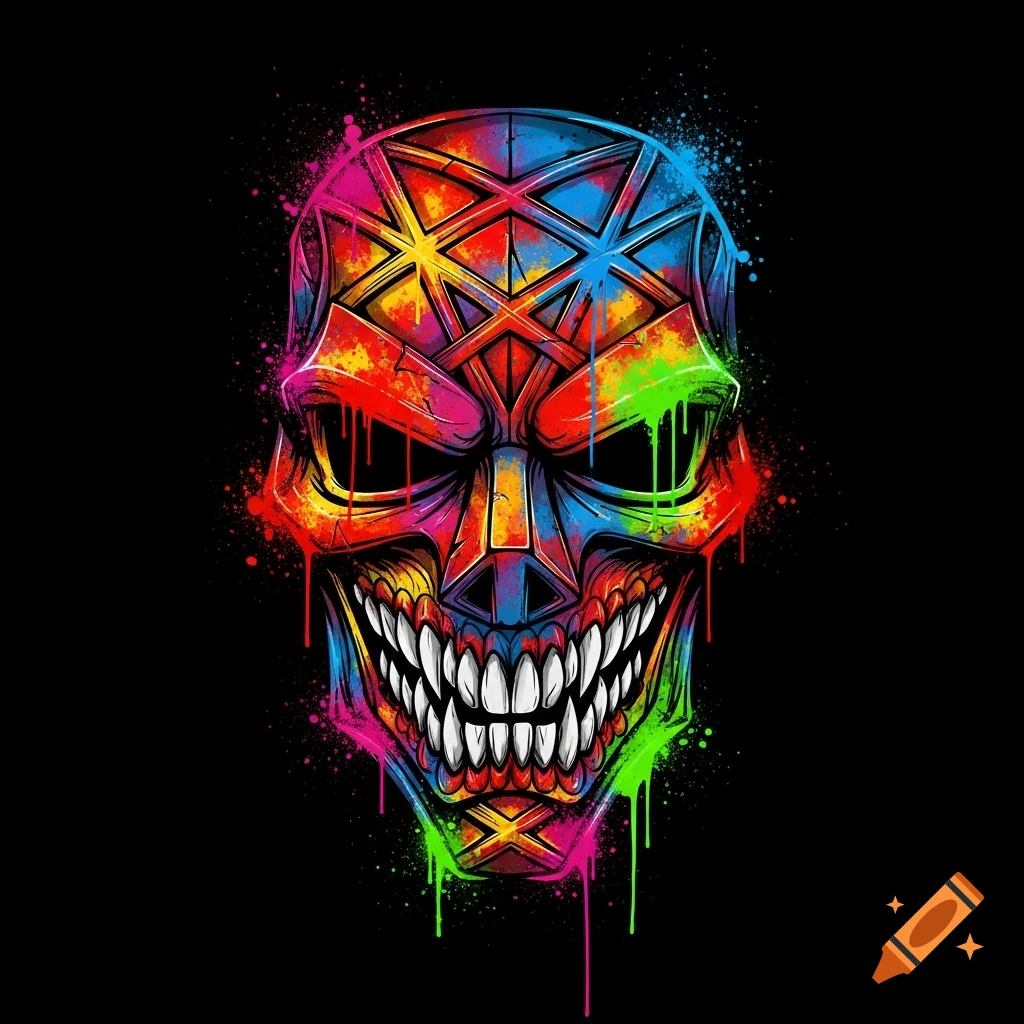 A vibrant, colorful skull mask rendered in a spray paint style with drips and splatters on a black background.