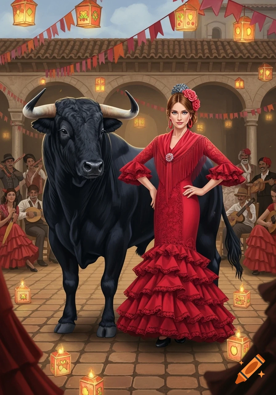 A woman in a red flamenco dress stands beside a large black bull in a festive Spanish courtyard with musicians.
