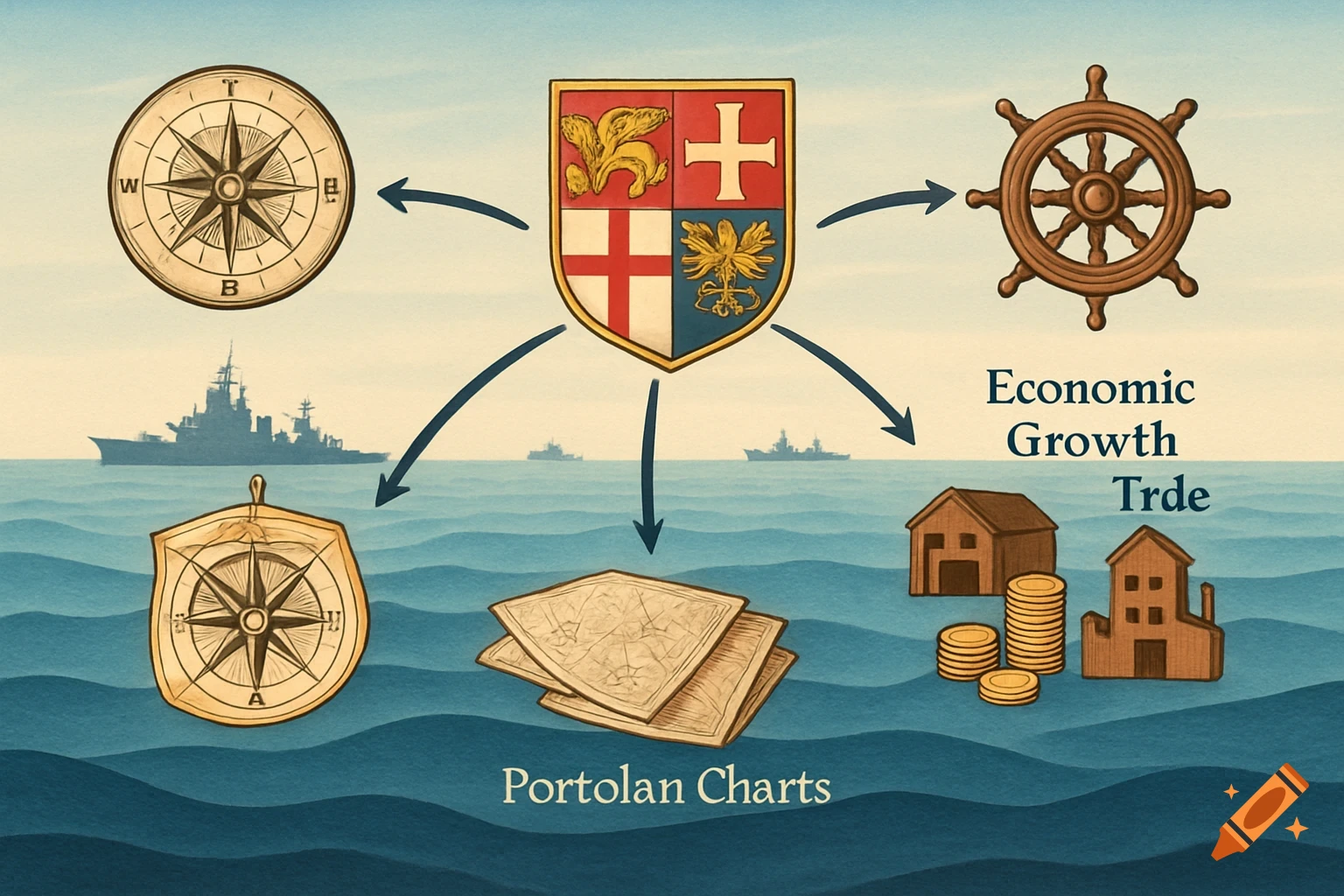An illustration with a coat of arms at the center, surrounded by arrows pointing to a compass, ship's wheel, maps, buildings, coins, and warships on a wavy sea background. Text includes 'Economic Growth Trde' and 'Portolan Charts'.