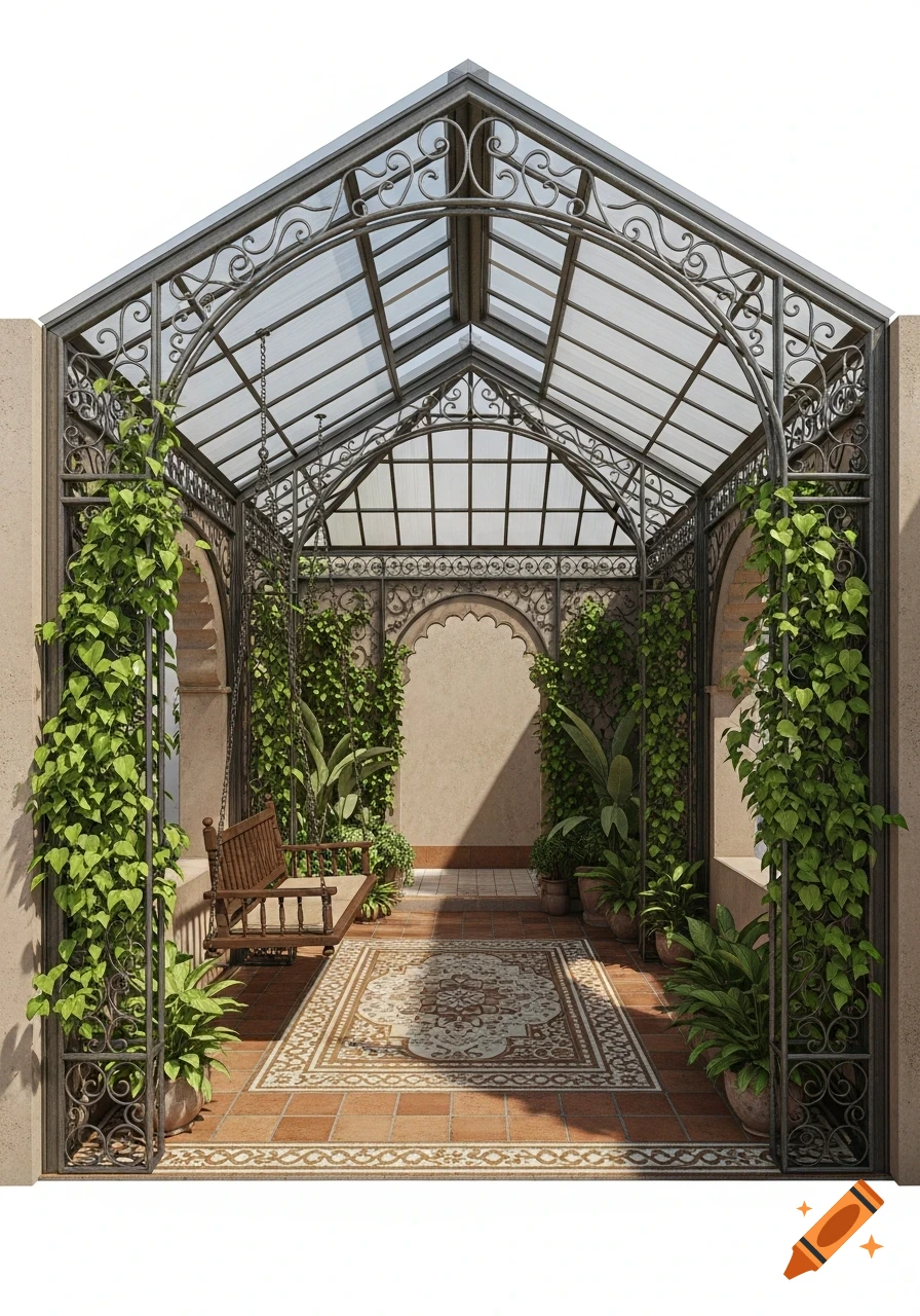 Photorealistic image of an ornate greenhouse with a glass roof, climbing plants, a wooden swing bench, tiled floor, and a patterned rug.