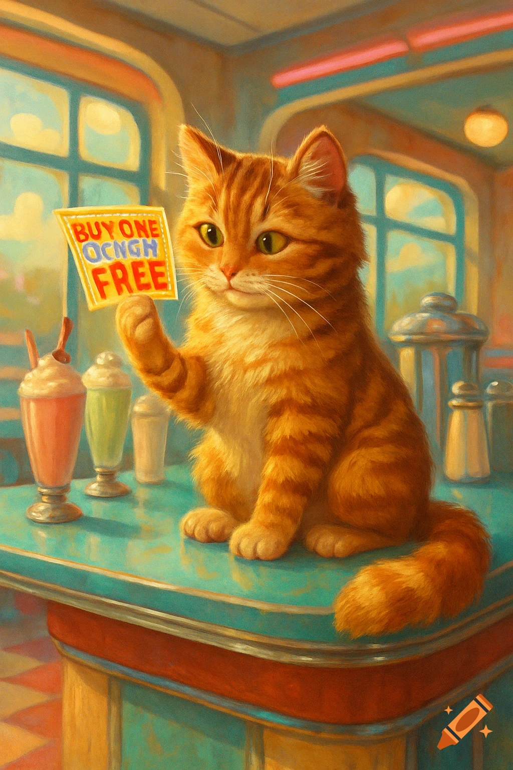An orange tabby cat sits at a retro diner counter, holding up a yellow coupon. Milkshakes and shakers are nearby in this illustration.