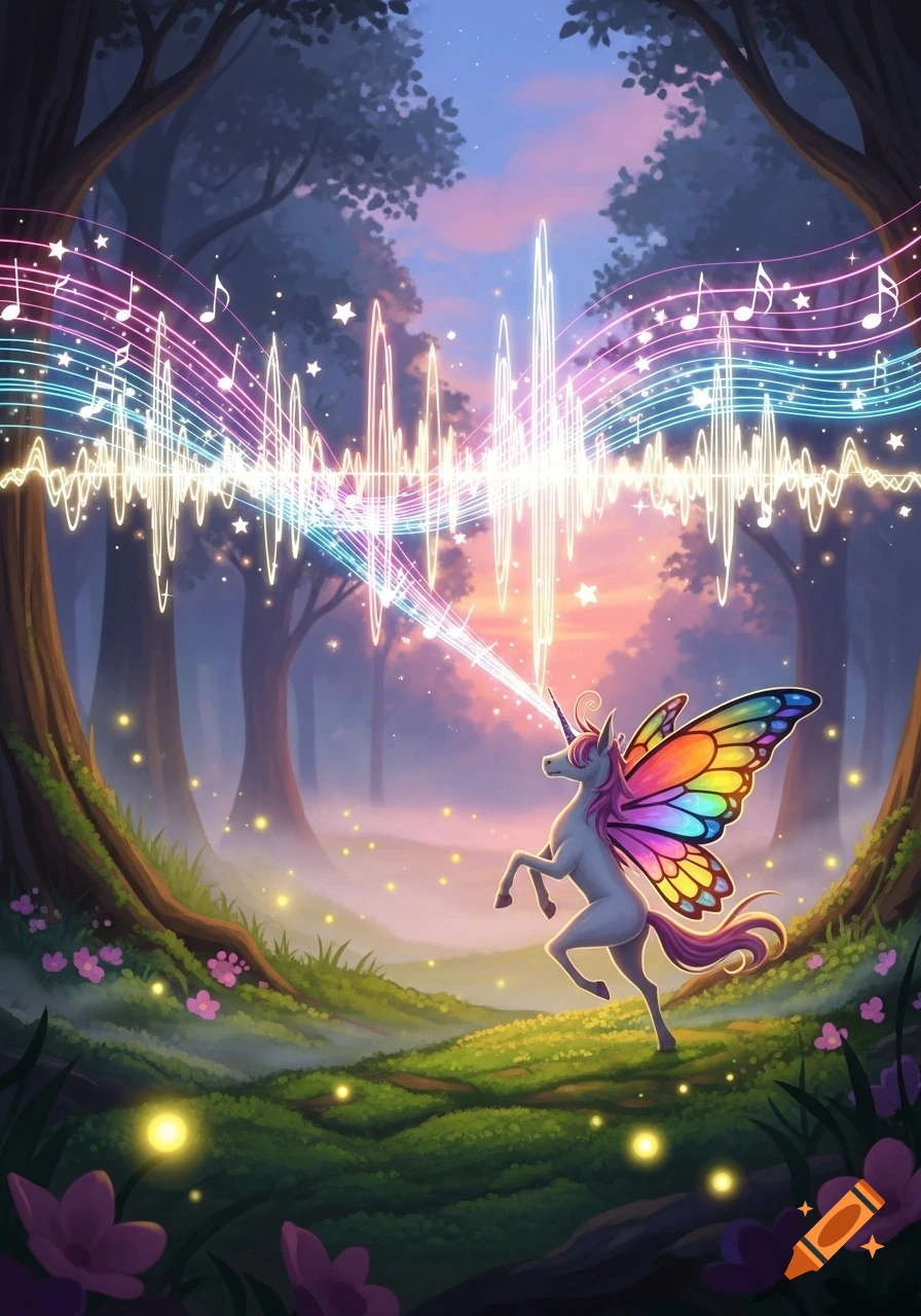 A magical unicorn with rainbow butterfly wings in a fantasy forest emits colorful sound waves and musical notes from its horn.