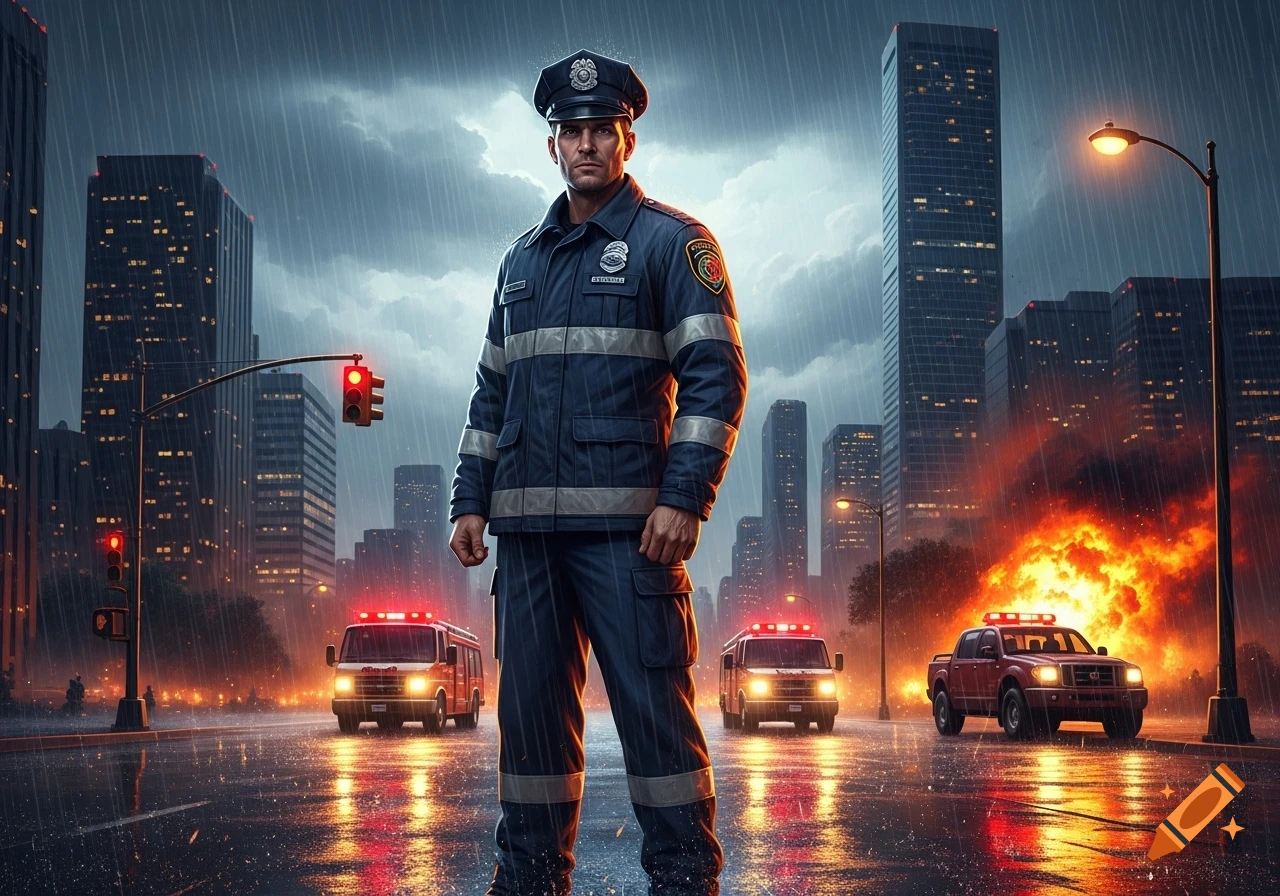 A photorealistic male emergency responder stands on a rainy city street at night, with fire trucks and a building fire in the background.
