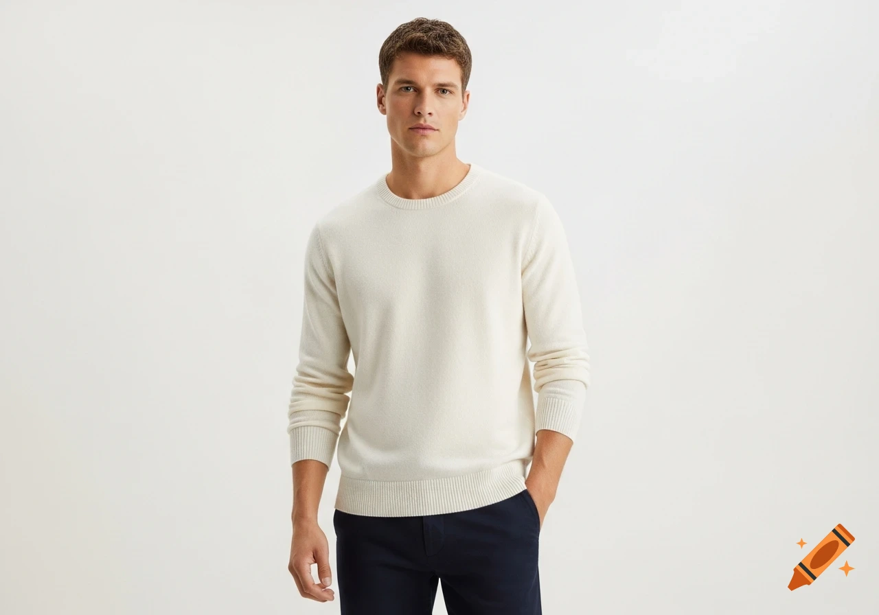 A man modeling a cream-colored crew-neck sweater and dark blue pants against a white background.