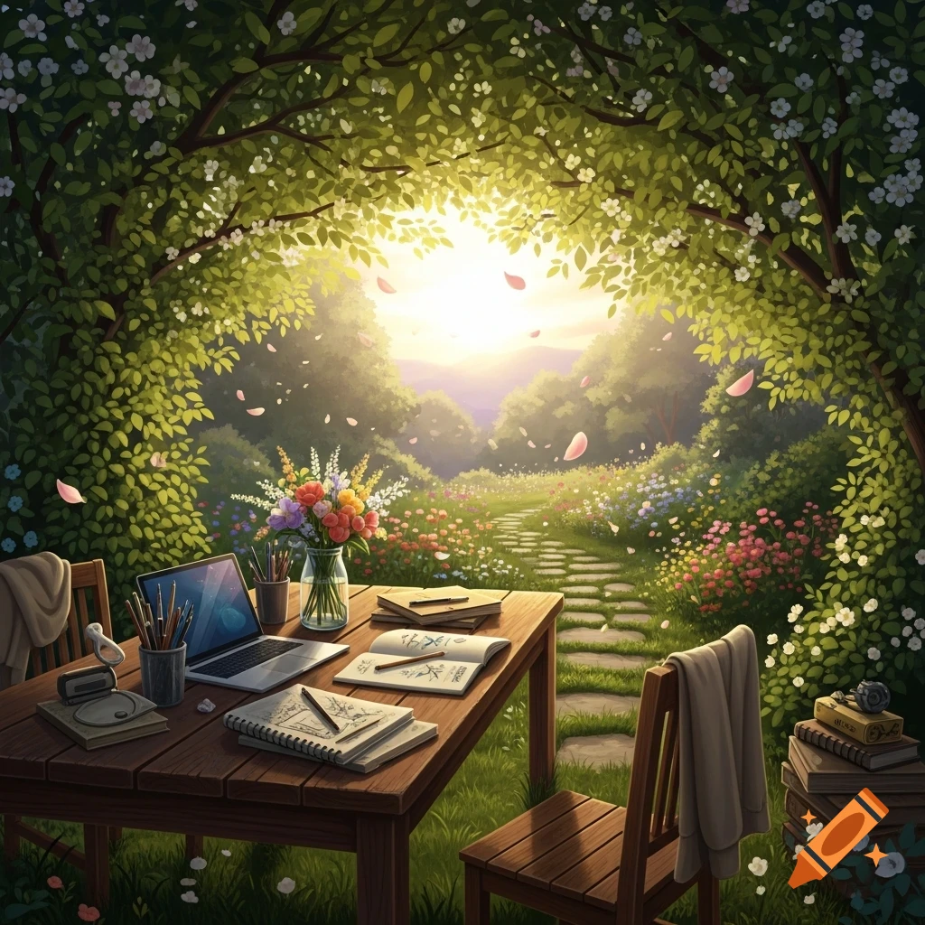 An idyllic outdoor workspace with a wooden table, laptop, and art supplies under a canopy of flowering trees, overlooking a vibrant wildflower meadow and a stone path.