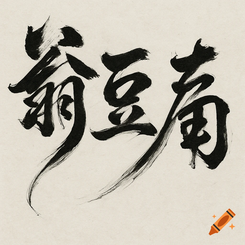 Japanese calligraphy of "翁豆腐" (Weng Tofu) characters in a powerful, flowing, and dynamic style on textured paper.