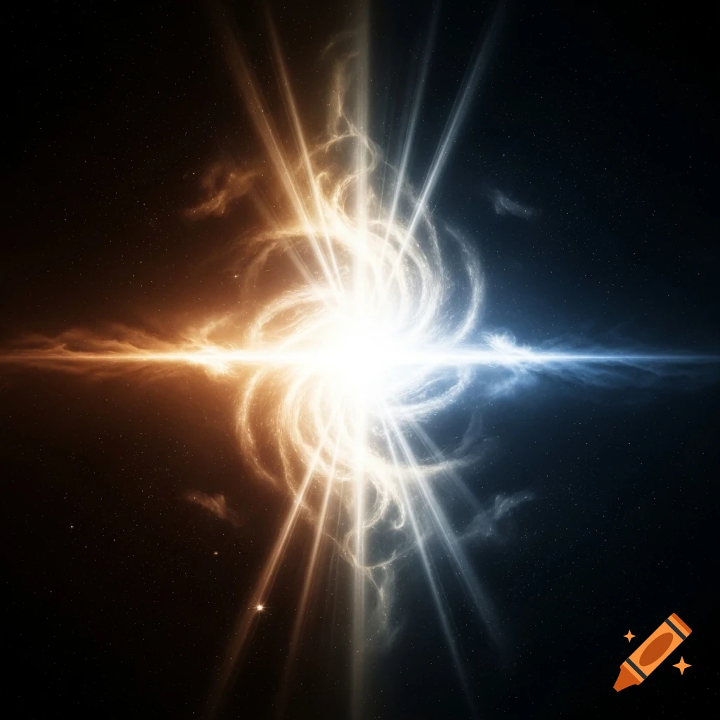 A vibrant cosmic abstract image showing a bright light splitting a swirling orange nebula from a dark blue nebula in space.