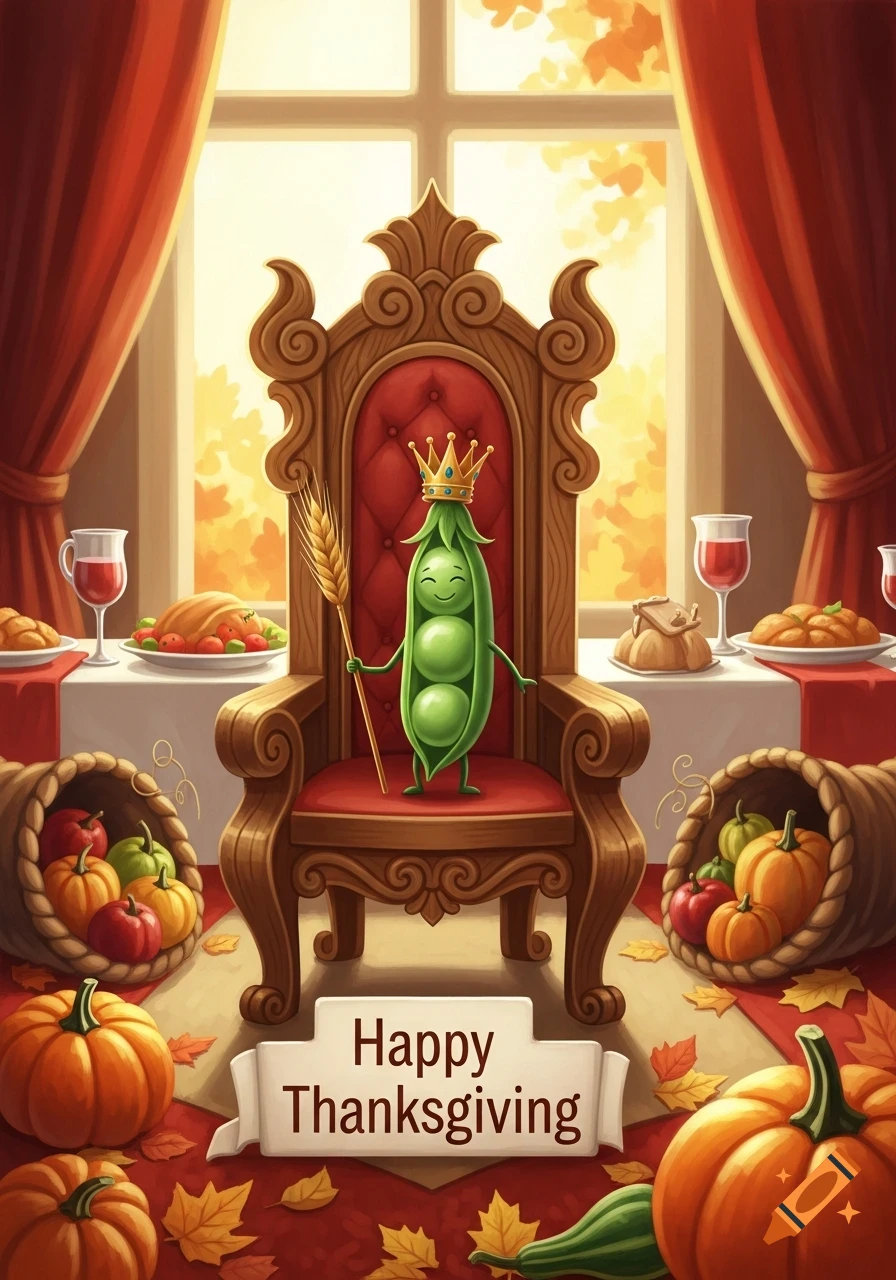 A cartoon pea king with a crown and wheat scepter sits on a red throne, surrounded by Thanksgiving decorations. A banner reads "Happy Thanksgiving".