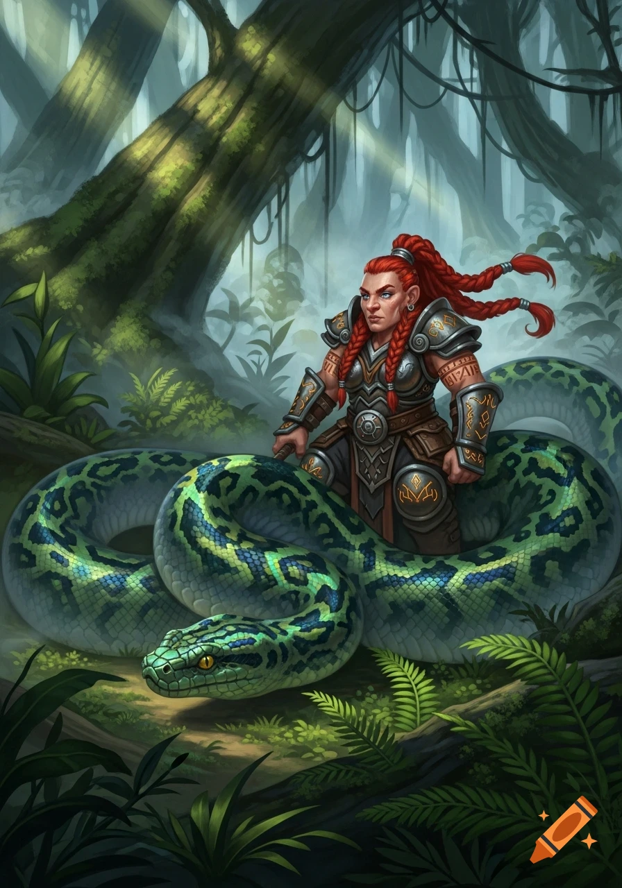 A fierce red-braided dwarf warrior in armor stands with a large green python in a lush, sun-dappled jungle.