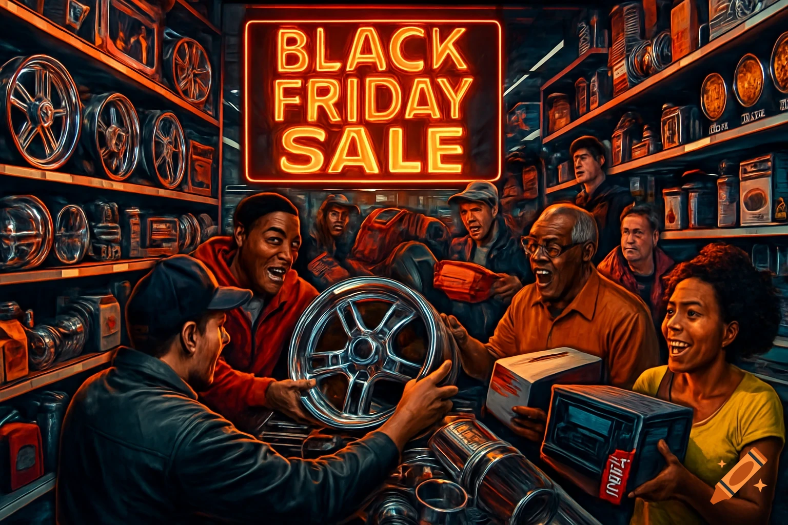 A diverse group of shoppers excitedly examines car parts in a busy store under a bright "BLACK FRIDAY SALE" neon sign, rendered in a stylized manner.