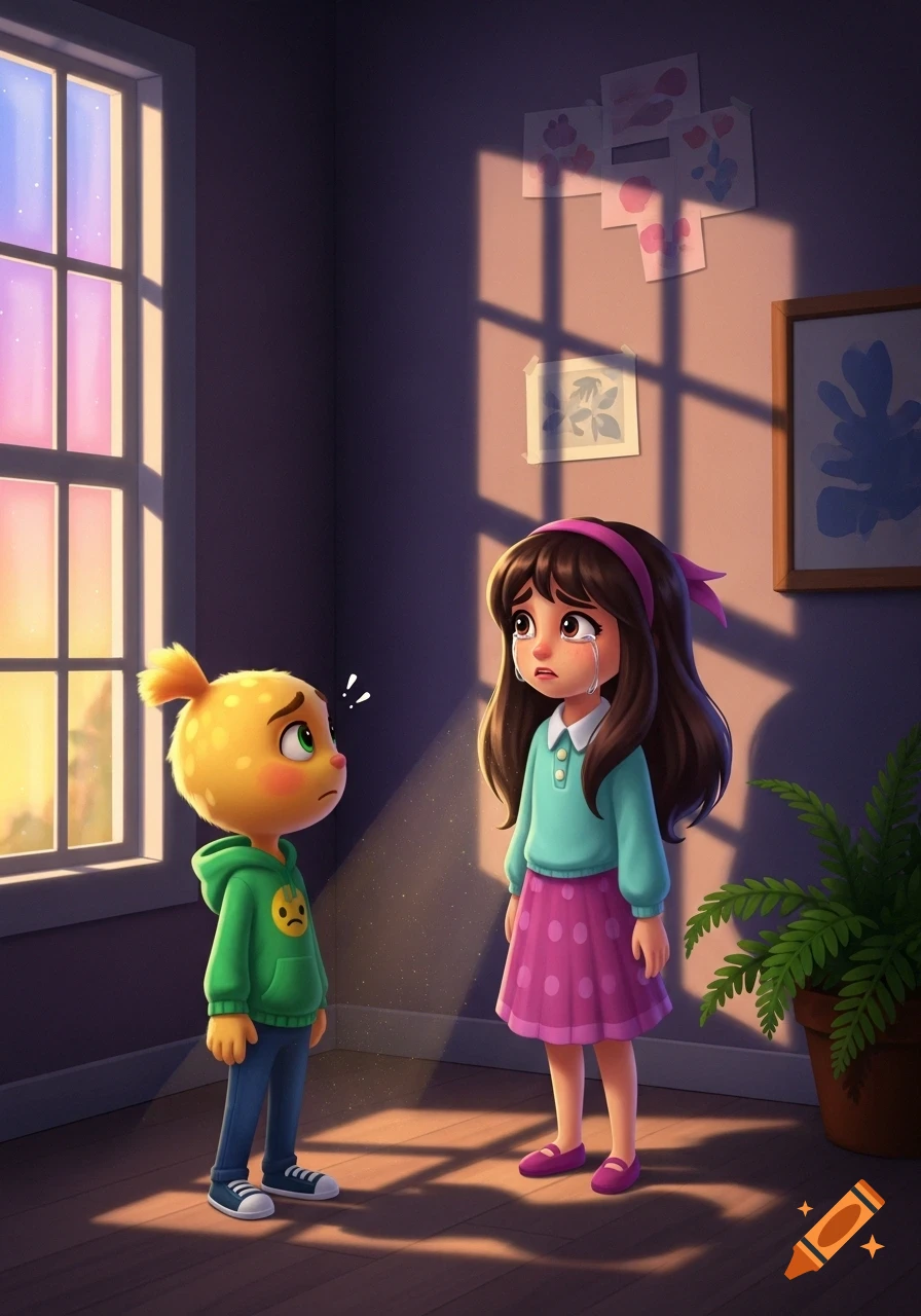A yellow, dotted cartoon character in a sad emoji hoodie looks at a crying girl with brown hair and a pink polka dot skirt, indoors with sunlight.