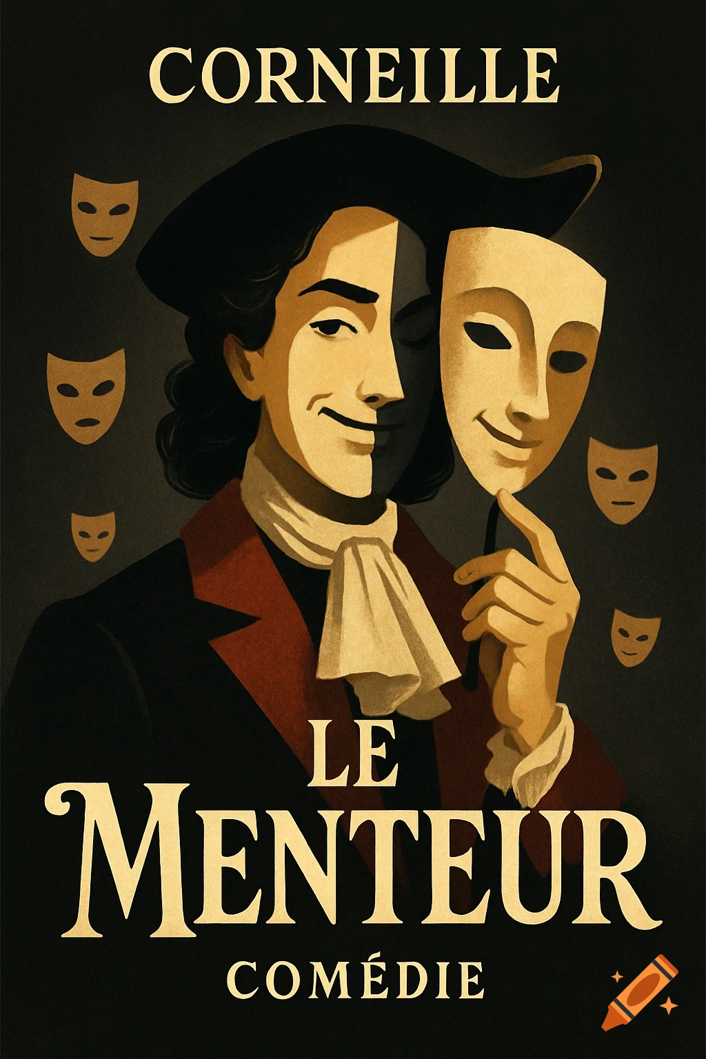 Stylized poster for "Le Menteur" by Corneille, featuring a smiling man in historical attire holding a mask, with floating masks and dramatic shadows.