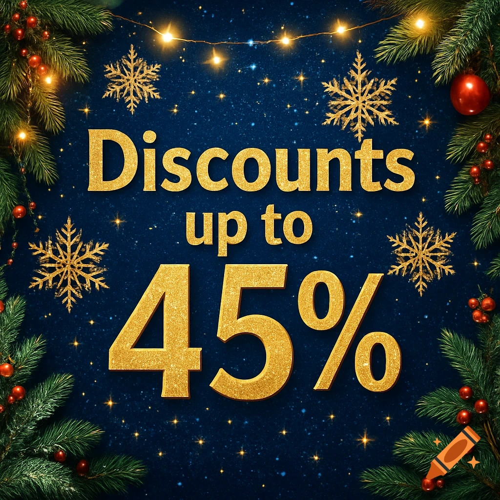 A festive Christmas discount banner with golden text "Discounts up to 45%" on a sparkling blue background, framed by fir branches, red berries, golden snowflakes, and string lights.